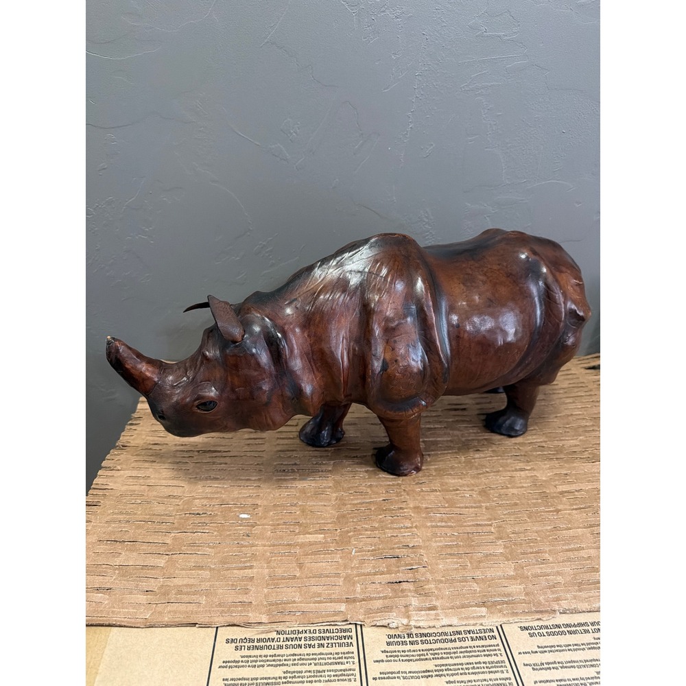 Vtg Mid Century Leather Wrapped Rhinoceros Sculpture 17in Rhino Glass Eyes